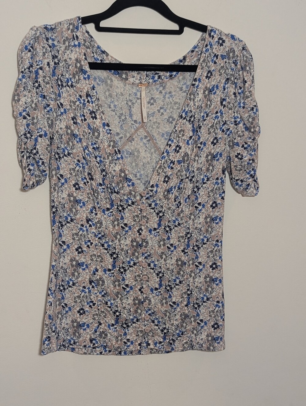 Free People Hollywood Floral Top XS Ruched Puff Sleeves Button Front Boho